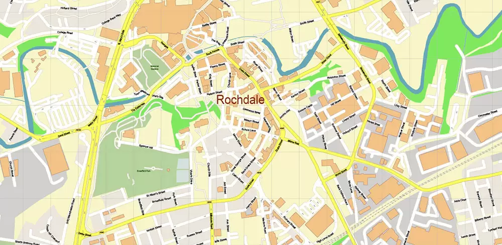 Oldham + New Moston + Rochdale UK Map Vector City Plan High Detailed Street Map editable Adobe Illustrator in layers