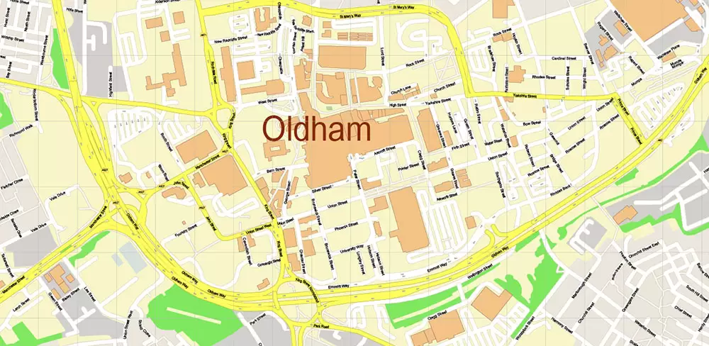 Oldham + New Moston + Rochdale UK Map Vector City Plan High Detailed Street Map editable Adobe Illustrator in layers