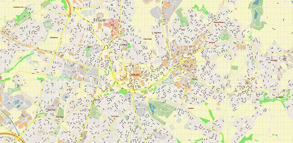 Oldham + New Moston + Rochdale UK Map Vector City Plan High Detailed Street Map editable Adobe Illustrator in layers