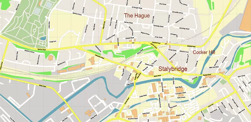 Oldham + New Moston + Rochdale UK Map Vector City Plan High Detailed Street Map editable Adobe Illustrator in layers