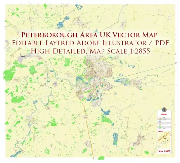 Peterborough Area UK Map Vector City Plan High Detailed Street Map editable Adobe Illustrator in layers
