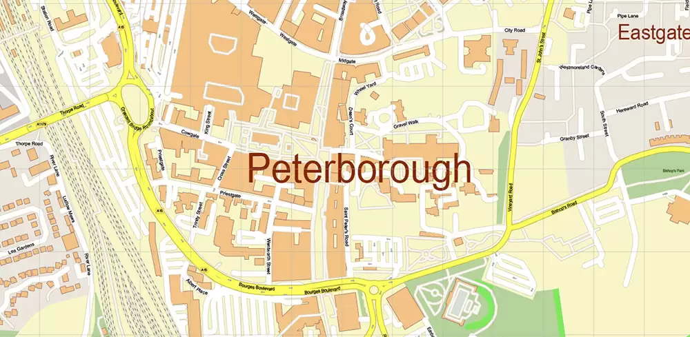 Peterborough Area UK Map Vector City Plan High Detailed Street Map editable Adobe Illustrator in layers