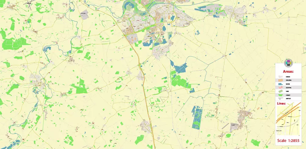 Peterborough Area UK Map Vector City Plan High Detailed Street Map editable Adobe Illustrator in layers