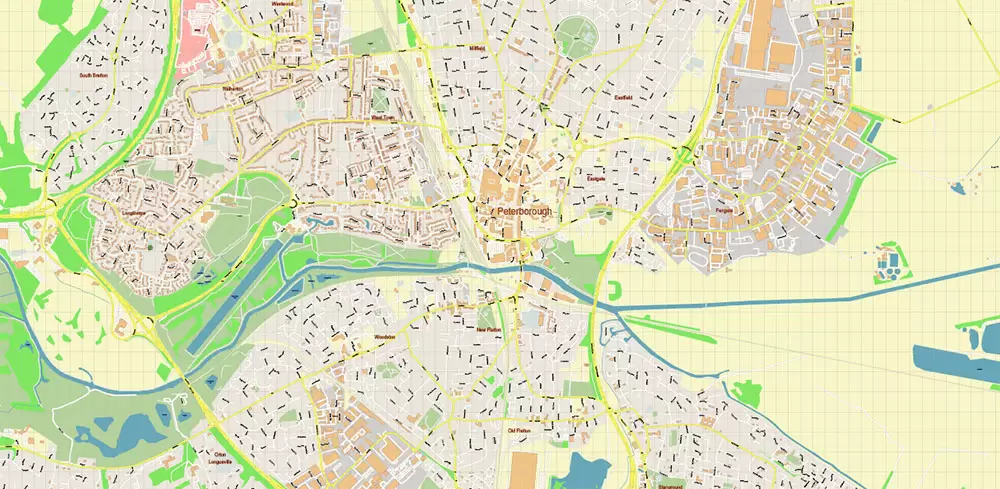 Peterborough Area UK Map Vector City Plan High Detailed Street Map editable Adobe Illustrator in layers