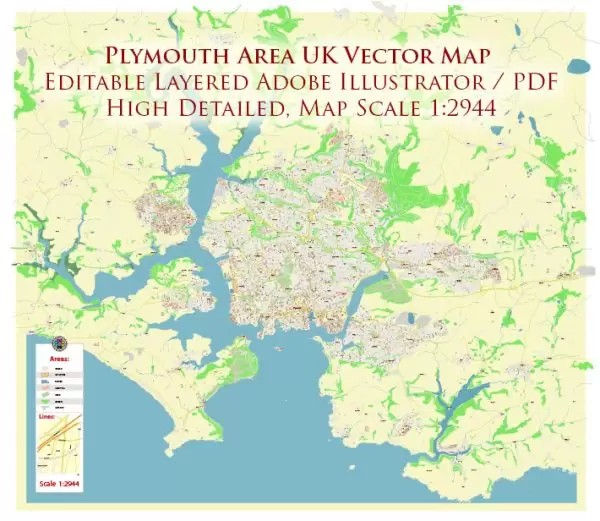 Plymouth Area UK Map Vector City Plan High Detailed Street Map editable Adobe Illustrator in layers