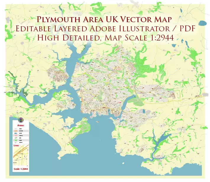 Plymouth Area UK Map Vector City Plan High Detailed Street Map editable Adobe Illustrator in layers