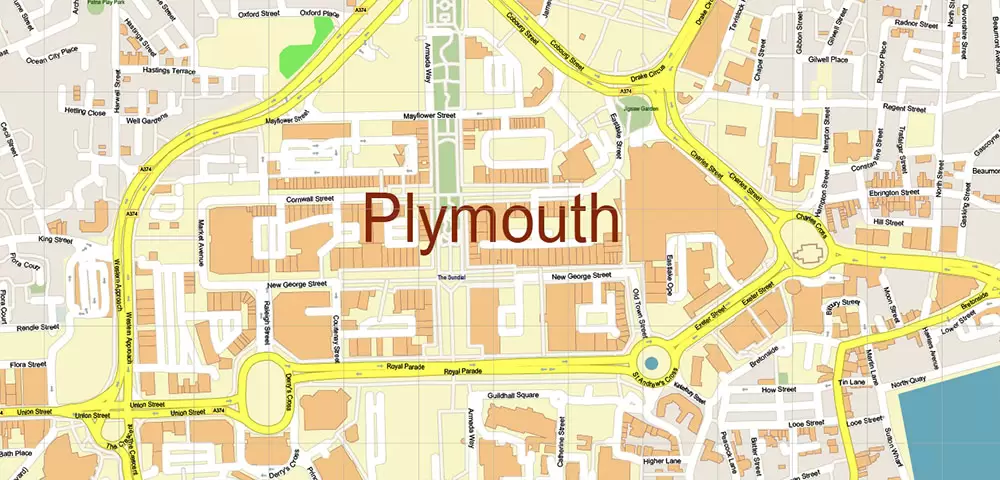 Plymouth Area UK Map Vector City Plan High Detailed Street Map editable Adobe Illustrator in layers