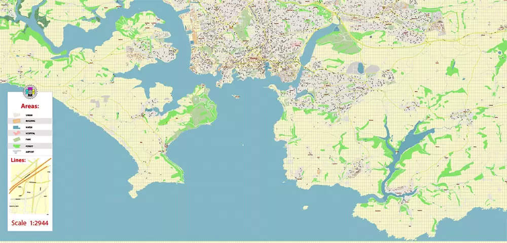Plymouth Area UK Map Vector City Plan High Detailed Street Map editable Adobe Illustrator in layers