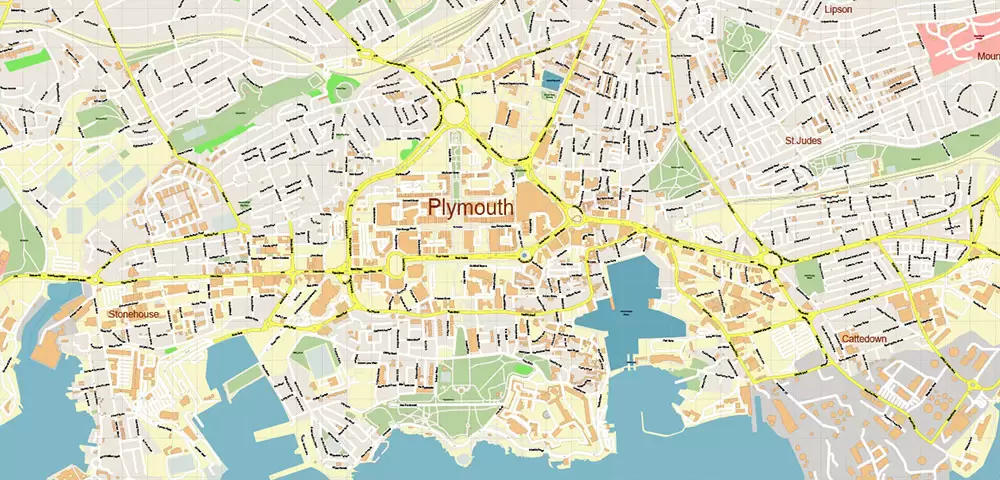 Plymouth Area UK Map Vector City Plan High Detailed Street Map editable Adobe Illustrator in layers