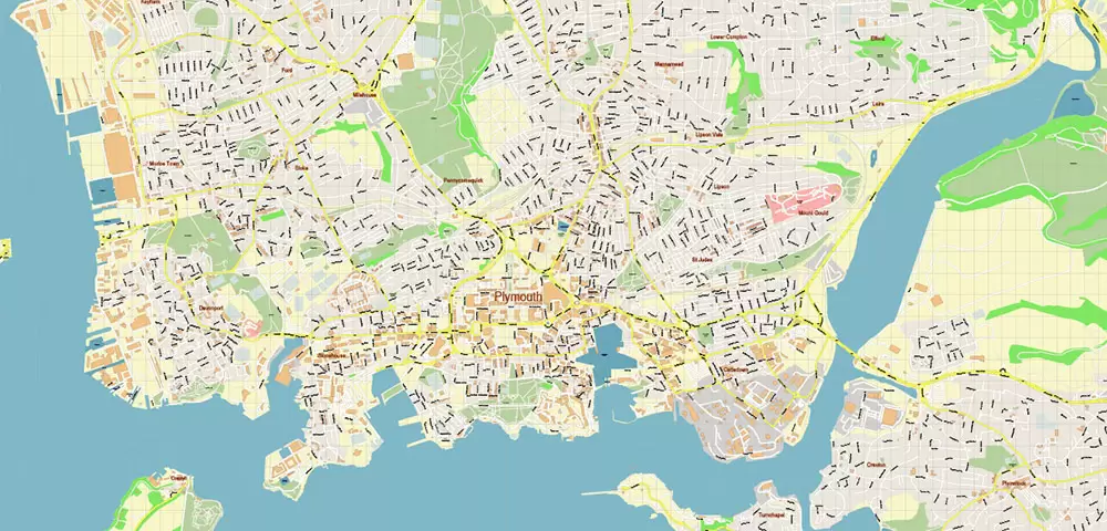 Plymouth Area UK Map Vector City Plan High Detailed Street Map editable Adobe Illustrator in layers