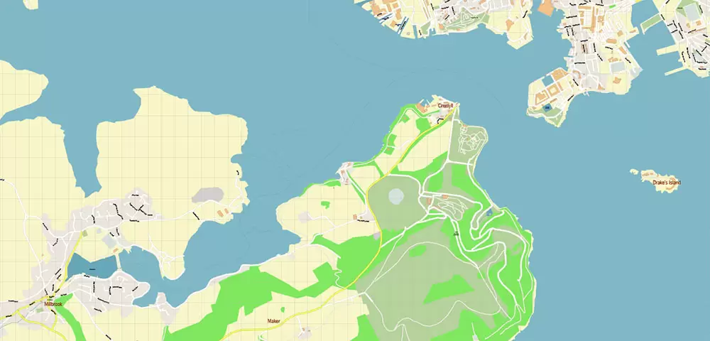 Plymouth Area UK Map Vector City Plan High Detailed Street Map editable Adobe Illustrator in layers