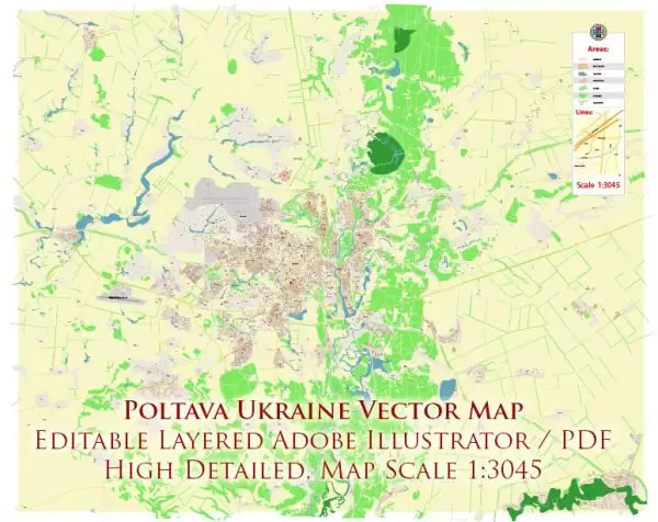 Poltava Ukraine Map Vector City Plan High Detailed Street Map editable Adobe Illustrator in layers