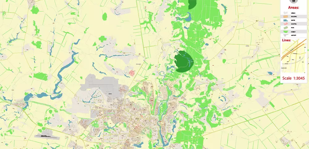 Poltava Ukraine PDF Vector Map: City Plan High Detailed Street Map editable Adobe PDF in layers