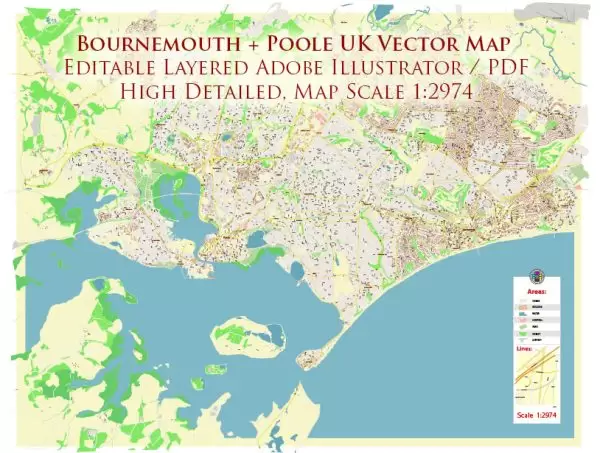 Poole + Bornemouth Area UK Map Vector City Plan High Detailed Street Map editable Adobe Illustrator in layers