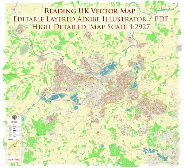 Reading UK Map Vector City Plan High Detailed Street Map editable Adobe Illustrator in layers