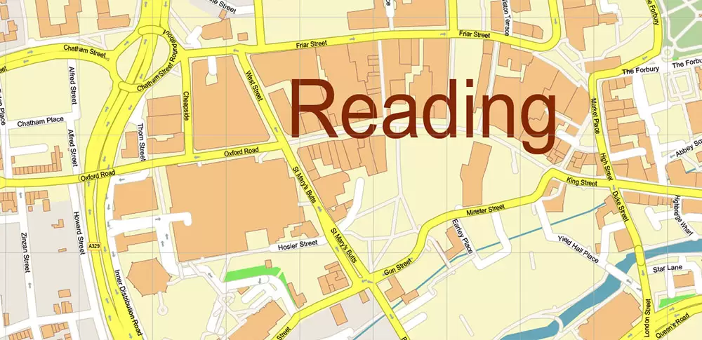 Reading UK PDF Vector Map: City Plan High Detailed Street Map editable Adobe PDF in layers