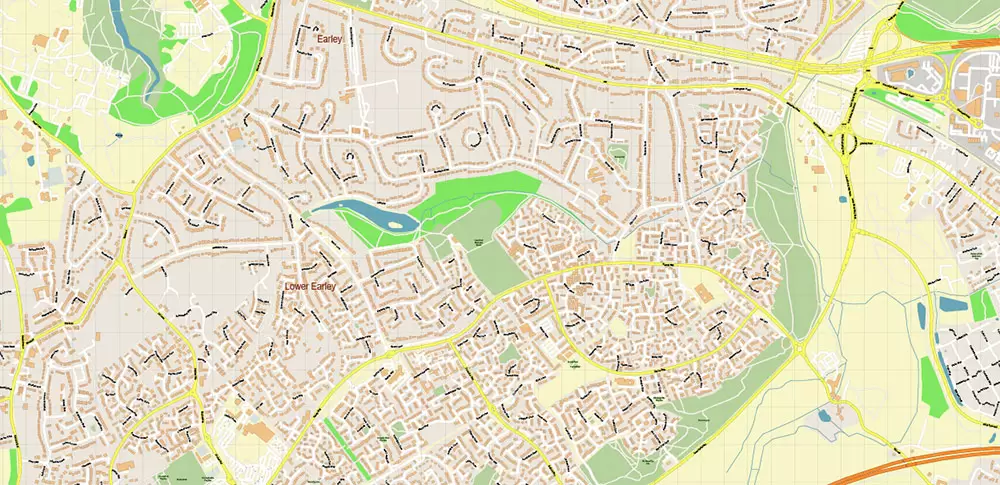 Reading UK PDF Vector Map: City Plan High Detailed Street Map editable Adobe PDF in layers