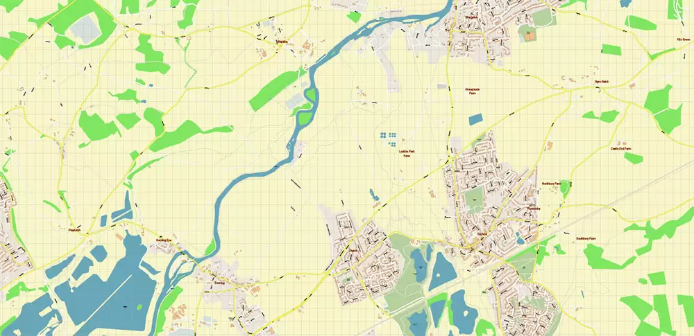 Reading UK PDF Vector Map: City Plan High Detailed Street Map editable Adobe PDF in layers