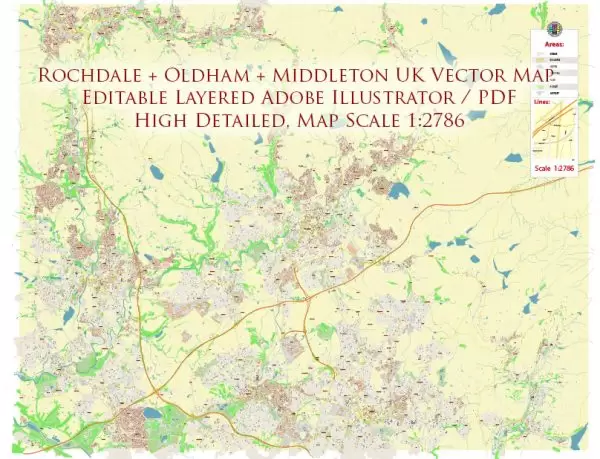 Rochdale + Oldham + Middleton Area UK Map Vector City Plan High Detailed Street Map editable Adobe Illustrator in layers