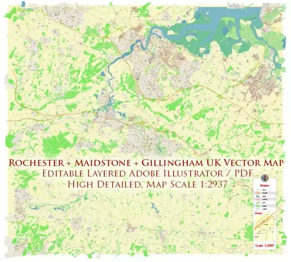Rochester + Maidstone + Gillingham UK Map Vector City Plan High Detailed Street Map editable Adobe Illustrator in layers