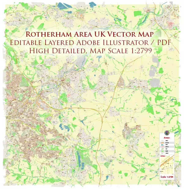 Rotherham Area UK Map Vector City Plan High Detailed Street Map editable Adobe Illustrator in layers