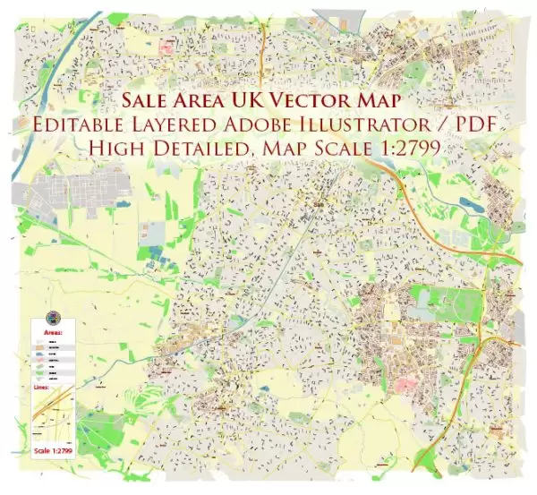 Sale Area UK Map Vector City Plan High Detailed Street Map editable Adobe Illustrator in layers