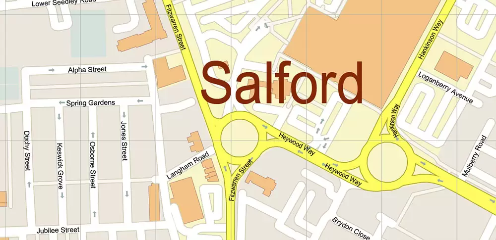 Salford + Atherton + Sale Area UK Map Vector City Plan High Detailed Street Map editable Adobe Illustrator in layers