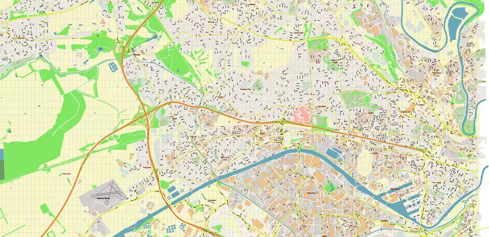 Salford + Atherton + Sale Area UK Map Vector City Plan High Detailed Street Map editable Adobe Illustrator in layers