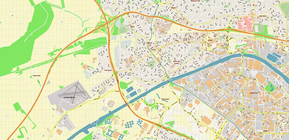 Salford + Atherton + Sale Area UK Map Vector City Plan High Detailed Street Map editable Adobe Illustrator in layers