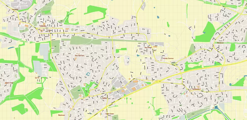 Salford + Atherton + Sale Area UK Map Vector City Plan High Detailed Street Map editable Adobe Illustrator in layers