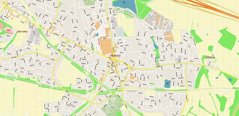 Salford + Atherton + Sale Area UK Map Vector City Plan High Detailed Street Map editable Adobe Illustrator in layers