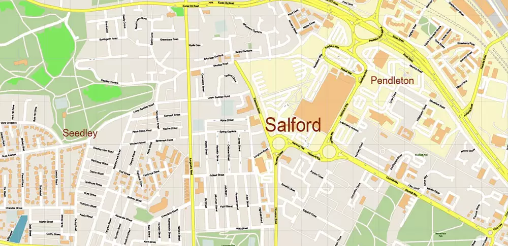 Salford + Atherton + Sale Area UK Map Vector City Plan High Detailed Street Map editable Adobe Illustrator in layers