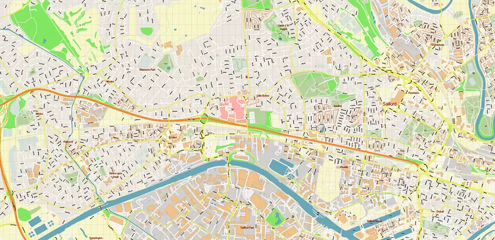 Salford + Atherton + Sale Area UK Map Vector City Plan High Detailed Street Map editable Adobe Illustrator in layers
