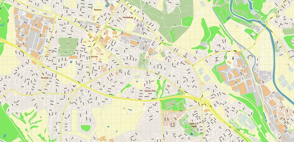 Salford + Atherton + Sale Area UK Map Vector City Plan High Detailed Street Map editable Adobe Illustrator in layers