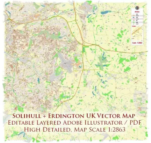 Solihull + Erdington Area UK Map Vector City Plan High Detailed Street Map editable Adobe Illustrator in layers