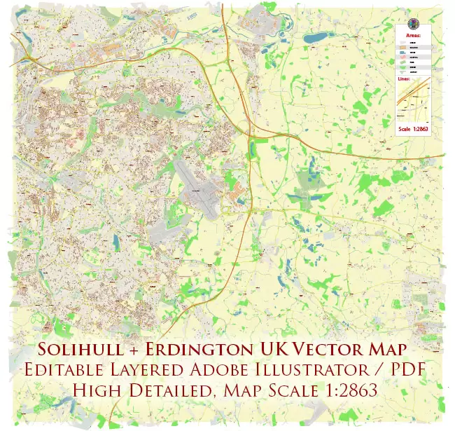 Solihull + Erdington Area UK PDF Vector Map: City Plan High Detailed Street Map editable Adobe PDF in layers