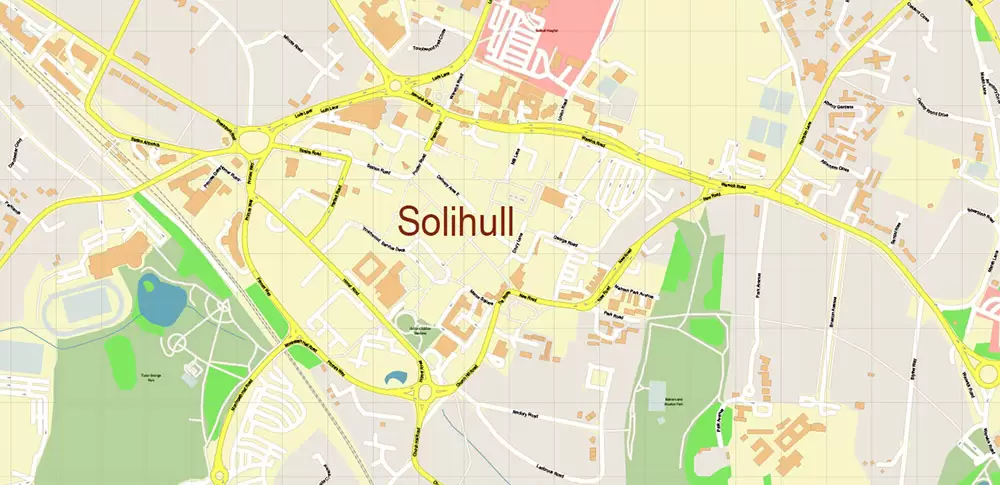 Solihull + Erdington Area UK PDF Vector Map: City Plan High Detailed Street Map editable Adobe PDF in layers