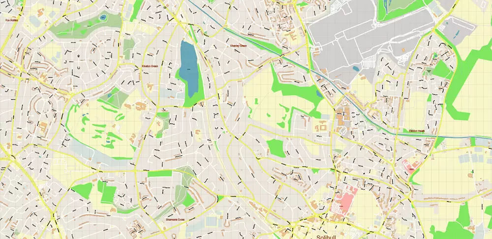 Solihull + Erdington Area UK PDF Vector Map: City Plan High Detailed Street Map editable Adobe PDF in layers