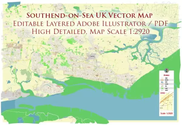 Southend-on-Sea UK Map Vector City Plan High Detailed Street Map editable Adobe Illustrator in layers