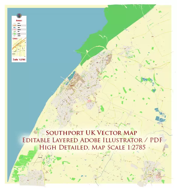 Southport Area UK Map Vector City Plan High Detailed Street Map editable Adobe Illustrator in layers