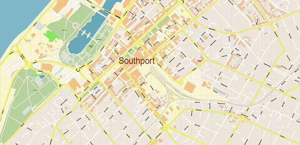 Southport Area UK Map Vector City Plan High Detailed Street Map editable Adobe Illustrator in layers
