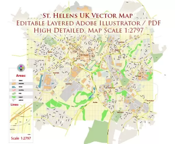 St Helens Area UK Map Vector City Plan High Detailed Street Map editable Adobe Illustrator in layers