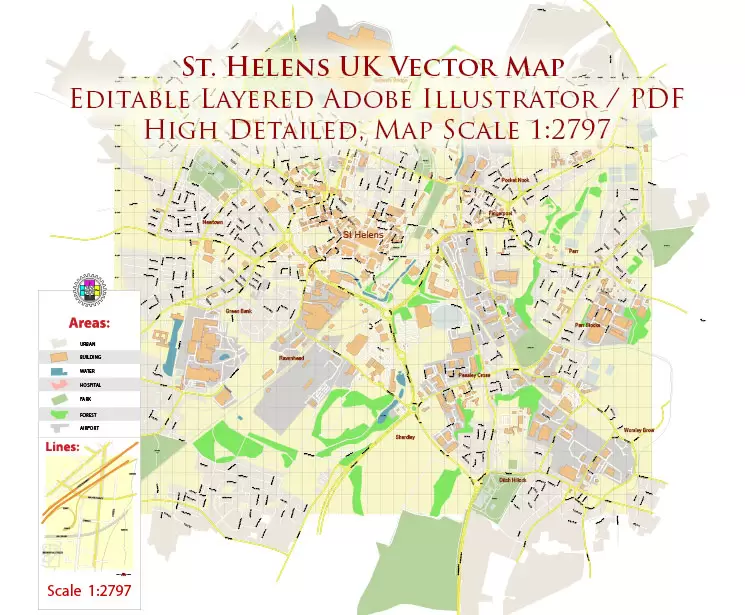 St Helens Area UK PDF Vector Map: City Plan High Detailed Street Map editable Adobe PDF in layers