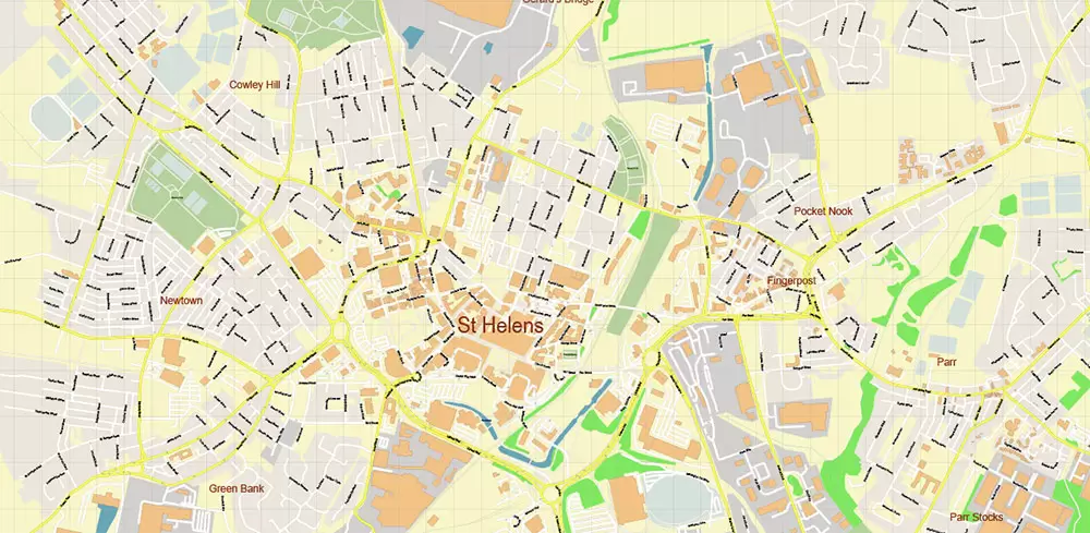 St Helens Area UK PDF Vector Map: City Plan High Detailed Street Map editable Adobe PDF in layers