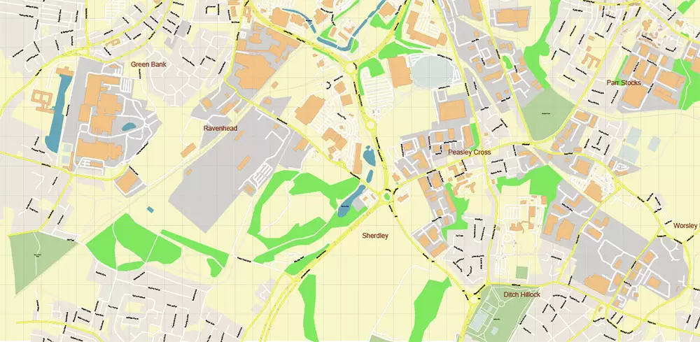 St Helens Area UK PDF Vector Map: City Plan High Detailed Street Map editable Adobe PDF in layers