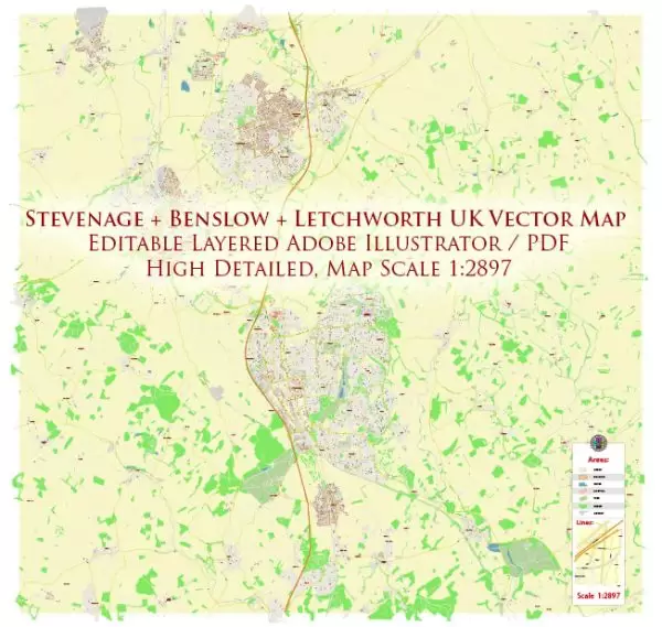 Stevenage + Benslow + Letchworth UK Map Vector City Plan High Detailed Street Map editable Adobe Illustrator in layers