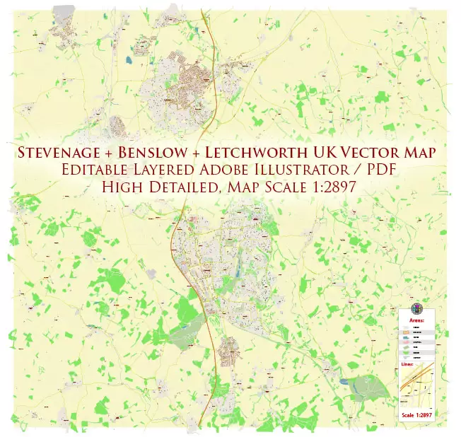 Stevenage + Benslow + Letchworth UK Map Vector City Plan High Detailed Street Map editable Adobe Illustrator in layers