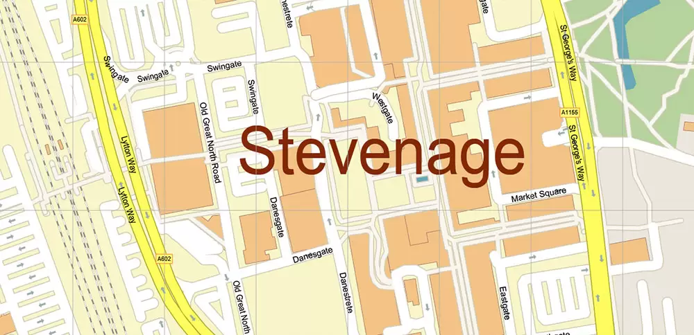 Stevenage + Benslow + Letchworth UK Map Vector City Plan High Detailed Street Map editable Adobe Illustrator in layers