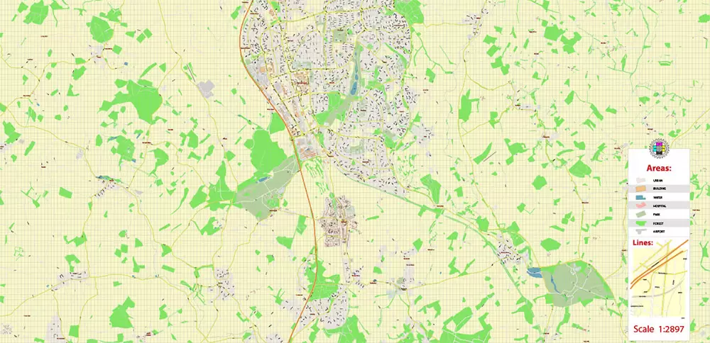 Stevenage + Benslow + Letchworth UK Map Vector City Plan High Detailed Street Map editable Adobe Illustrator in layers