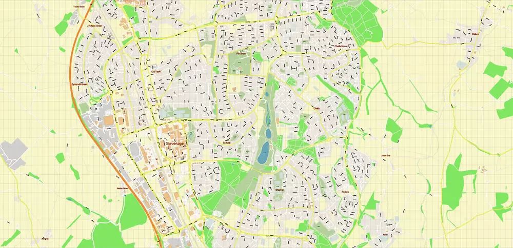 Stevenage + Benslow + Letchworth UK Map Vector City Plan High Detailed Street Map editable Adobe Illustrator in layers